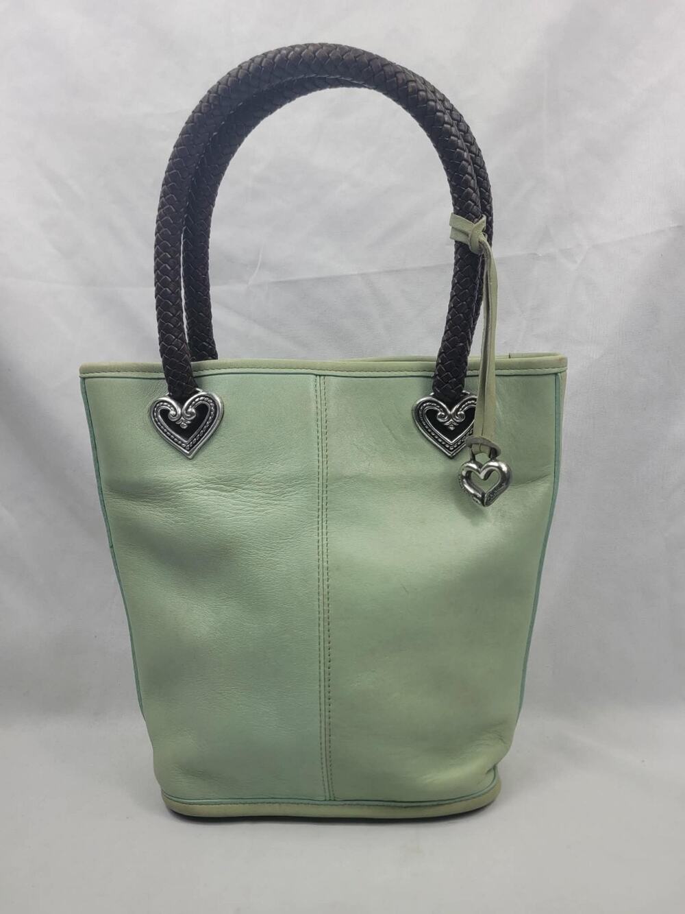 Brighton Leather Green Bucket Handbag Braided Straps Tote Purse Heart Accents